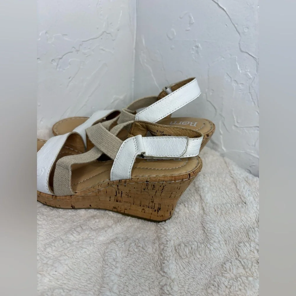 Born Hyuro White and Beige Cork Wedge Sandal size 6.5 like new condition.